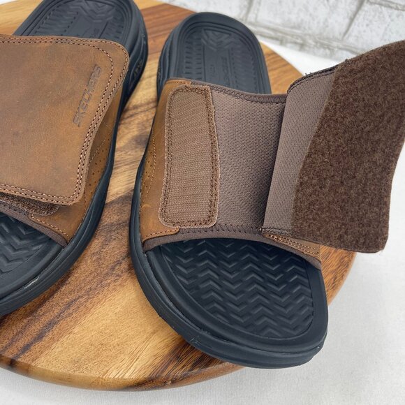 Skechers ArchFit Motley Mens 12 Brown Black Leather Revelo Slide Sandals - Picture 14 of 15
